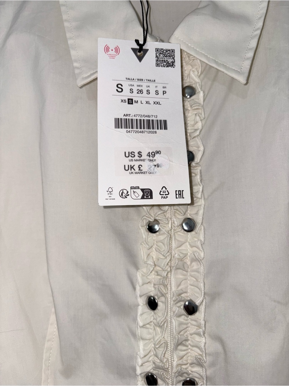 Zara Cream Button-Front Blouse with Ruffle Trim